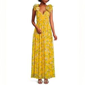Antonio Melani Manila Yellow Rosette Sleeveless V-Neck Maxi Dress Open Back NEW